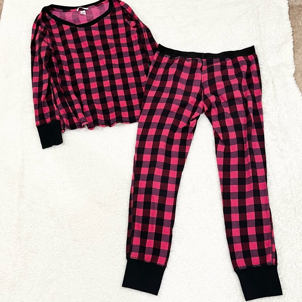 Victoria’s Secret Pink Black Plaid Thermal Pajama Set Medium - Picture 2 of 6